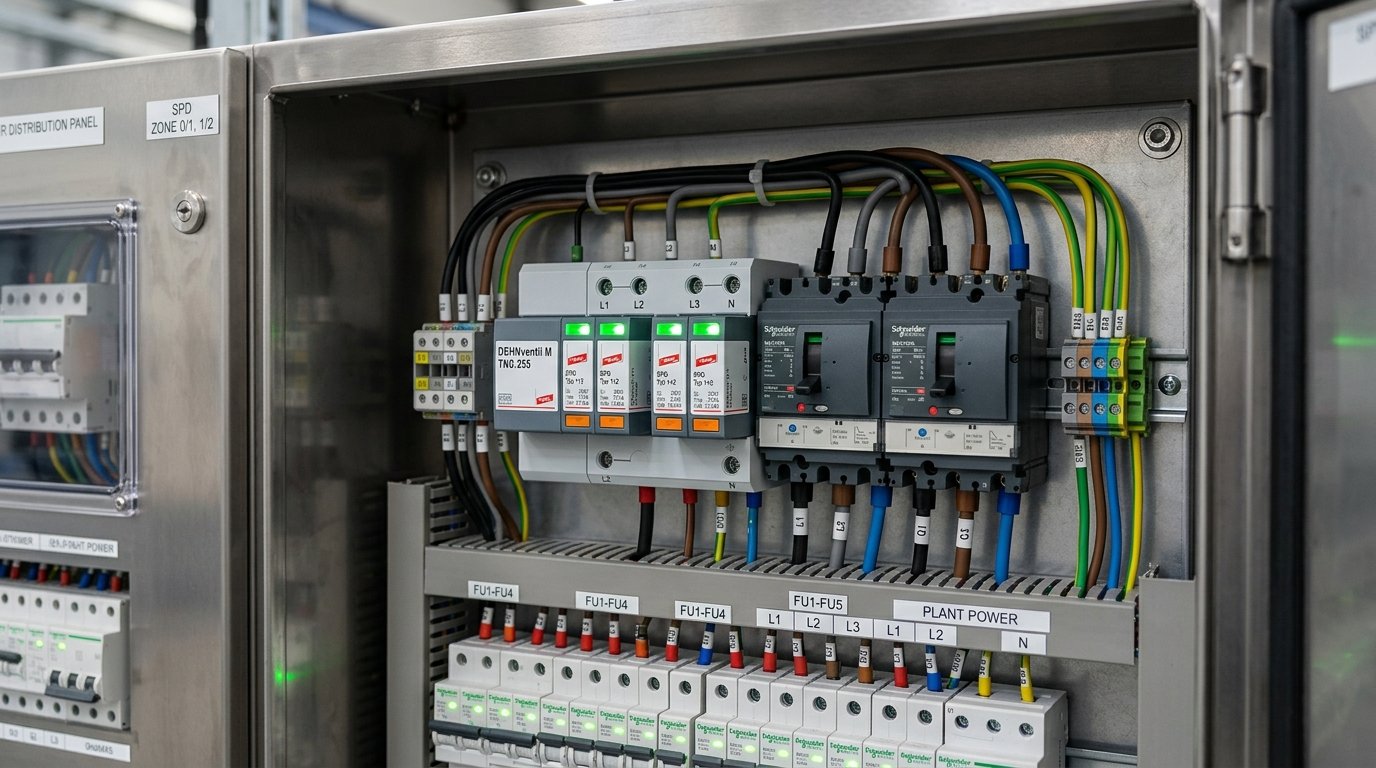 Painel elétrico de distribuição industrial equipado com Dispositivos de Proteção contra Surtos DPS Classe I e II conforme NBR 5410